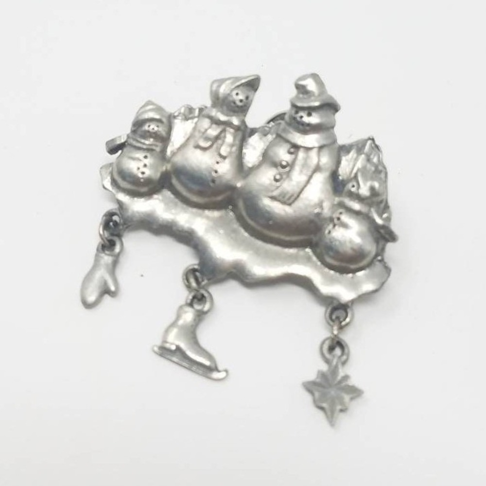 Vintage LCD snowman family brooch silver‎ tone charms winter christmas